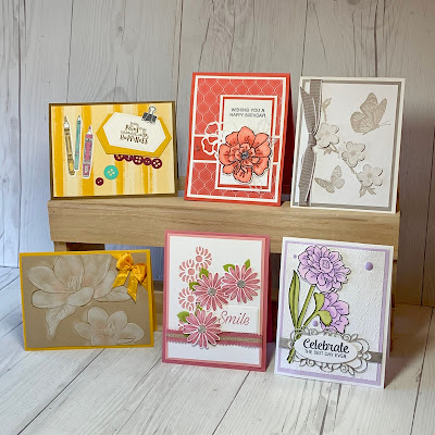 Six cards we'll make in the August 18 2019 Crafts and Good Company Card Class