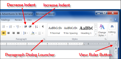 Paragraph Dialog Launcher, Indent Commands and View Ruler Button in MS Word