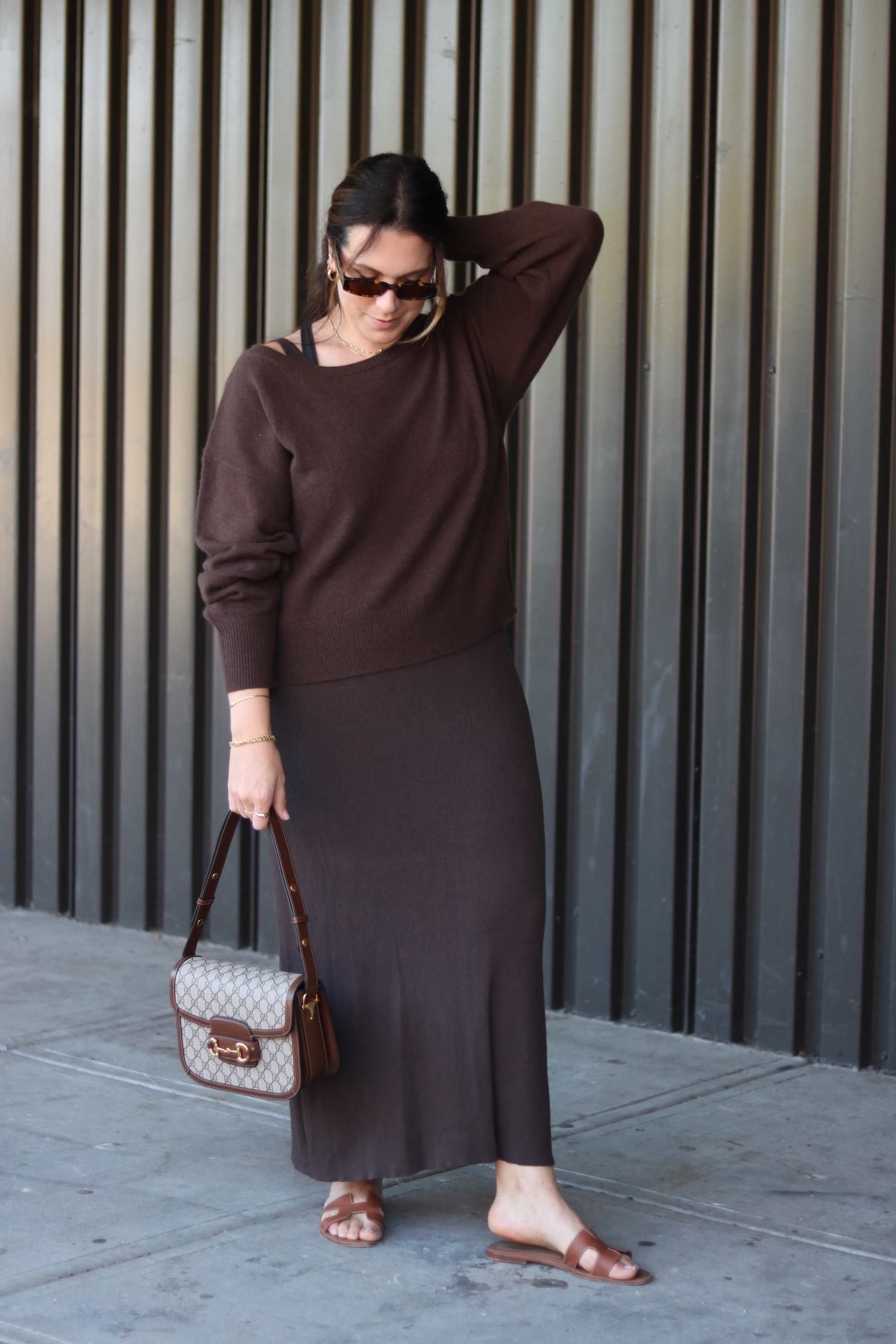 brown maxi dress outfit aritzia cashmere sweater gucci 1955 horsebit coastal grandmother