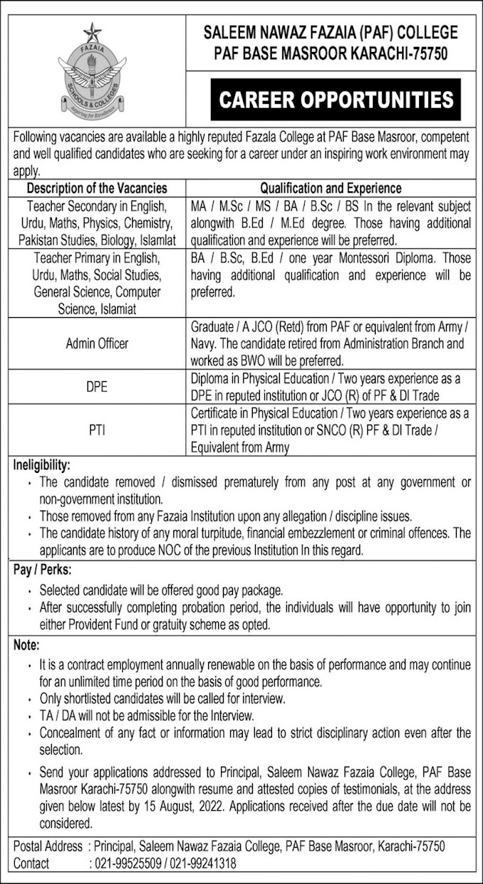 Saleem Nawaz Fazaia College PAF Base Masroor Jobs 2022 Karachi 