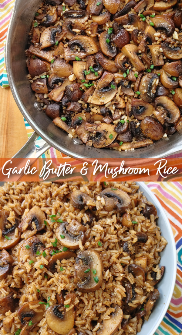 Garlic Butter & Mushroom Rice! Fresh mushrooms sautéed with garlic and butter cooked with rice on the stovetop in a savory, beefy stock for a quick and easy side dish.