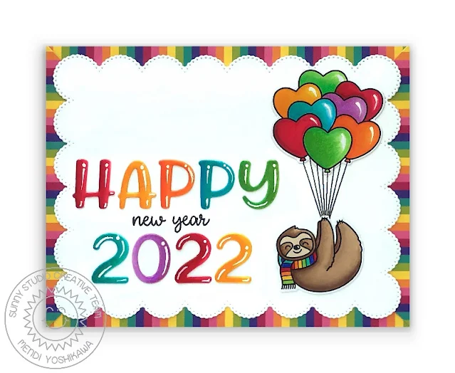 Sunny Studio Happy New Year 2022 Sloth Floating with Rainbow Balloon Bouquet Card (using Lazy Christmas & Happy Thought Stamps, Chloe Alphabet & Number Dies, Frilly Frames Eyelet Lace Dies & Sweater Weather Paper)