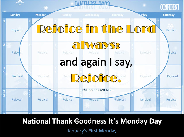 Light blue January 2023 Calendar with Rejoice! written every day. Text overlay quotes Philippians 4:4 - "Rejoice in the Lord always: and again I say Rejoice