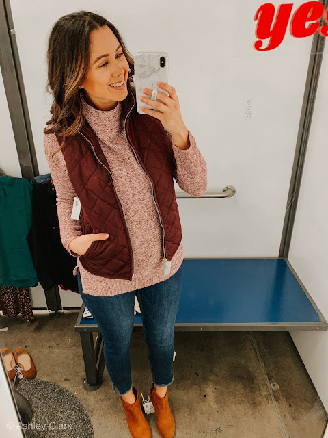 red tunic sweater cranberry vest rockstar jeans brown booties old navy 