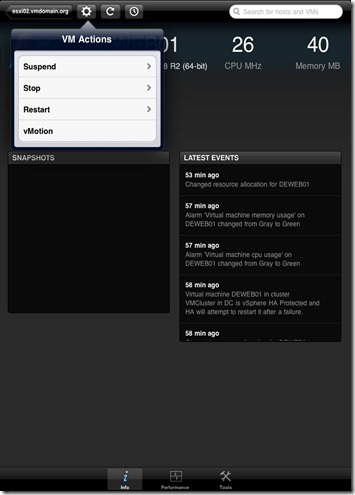 iPad vSphere Client VM Action