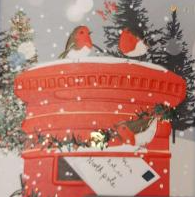 Robins on top of a postbox, an envelope partially in the slot. Taken from a Christmas card.