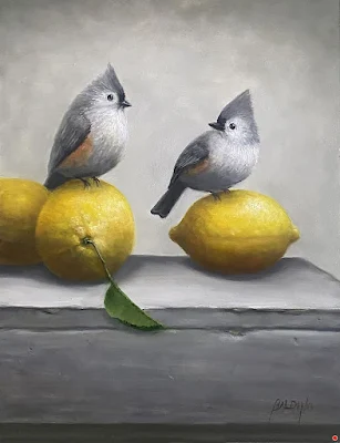 Titmouse Birds and Lemons Commission painting Patt Baldino