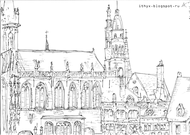 Ратуша-Базилика Святой Крови (Stadhuis - Basiliek van het Heilig Bloed). Рисунок художника Андрея Бондаренко, 2016 год