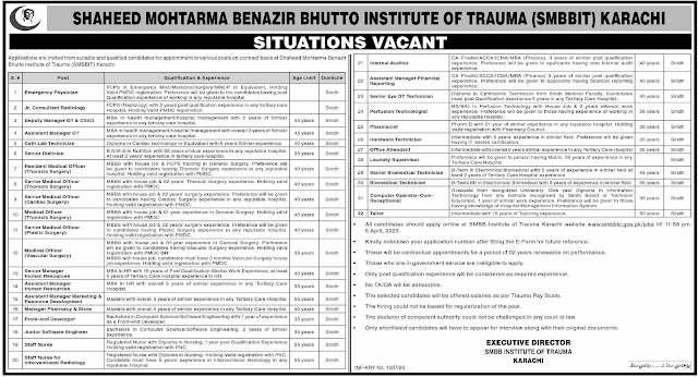 Shaheed Mohtarma Benazir Bhutto Trauma Center Jobs 2023