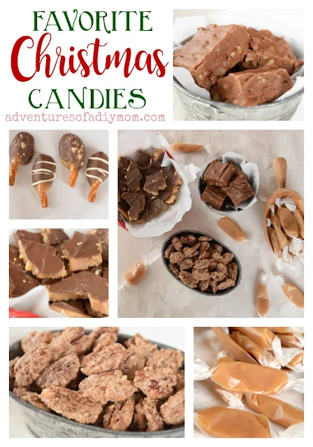 Christmas candies - fudge, caramels, candied pecans, toffee, dipped pretzels