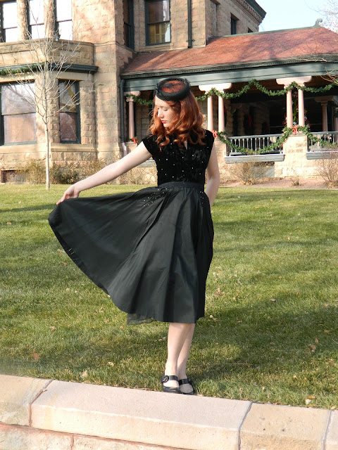 black velvet taffeta 1950s party dress bird hat Just Peachy, Darling