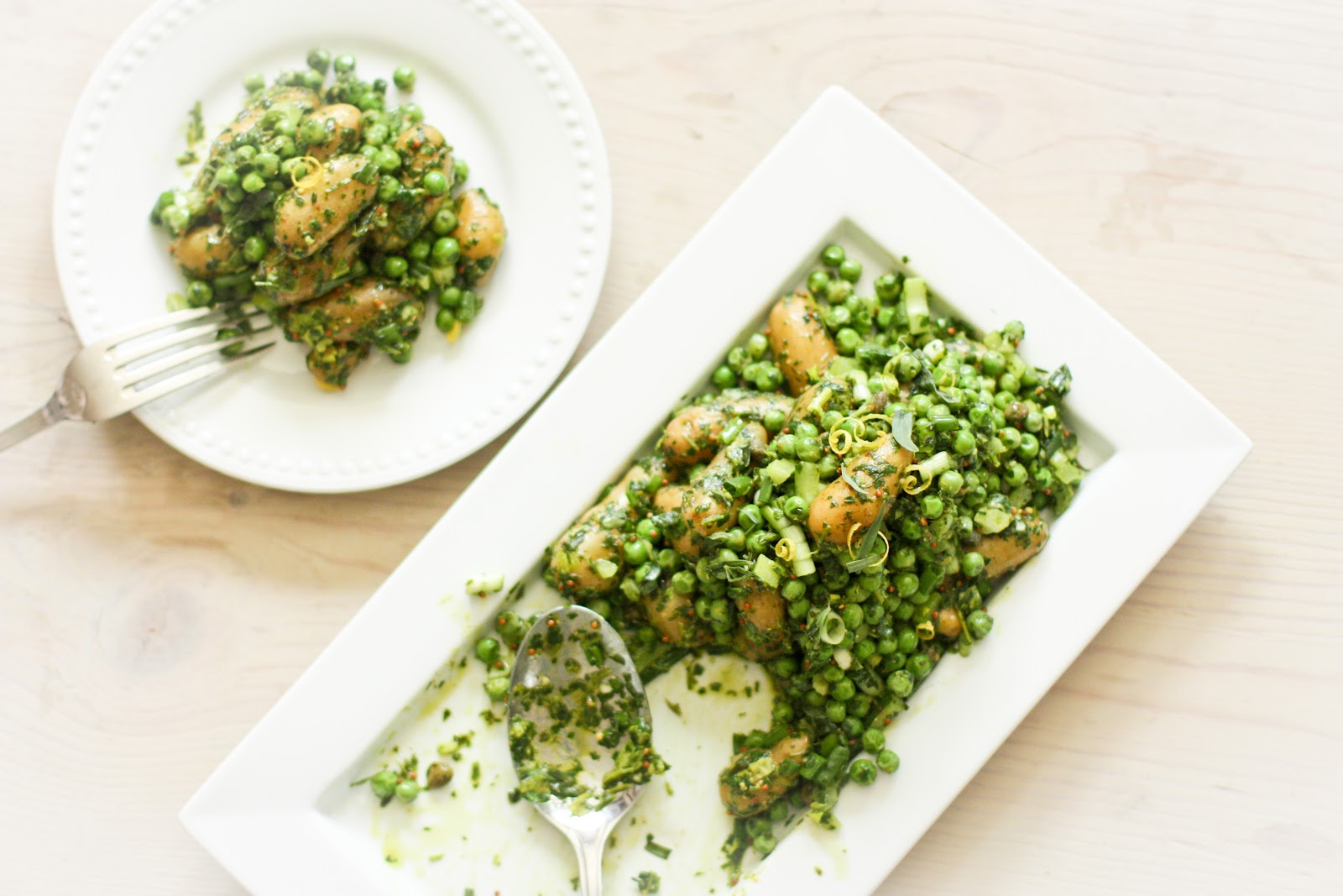 fingerling potatoes with peas, tarragon and mustard seed