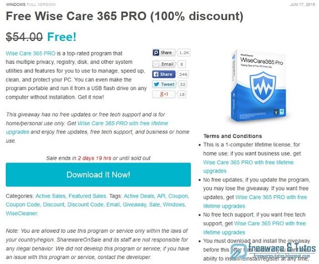  Offre promotionnelle : Wise Care 365 Pro gratuit avec licence à vie (pendant 2 jours) !