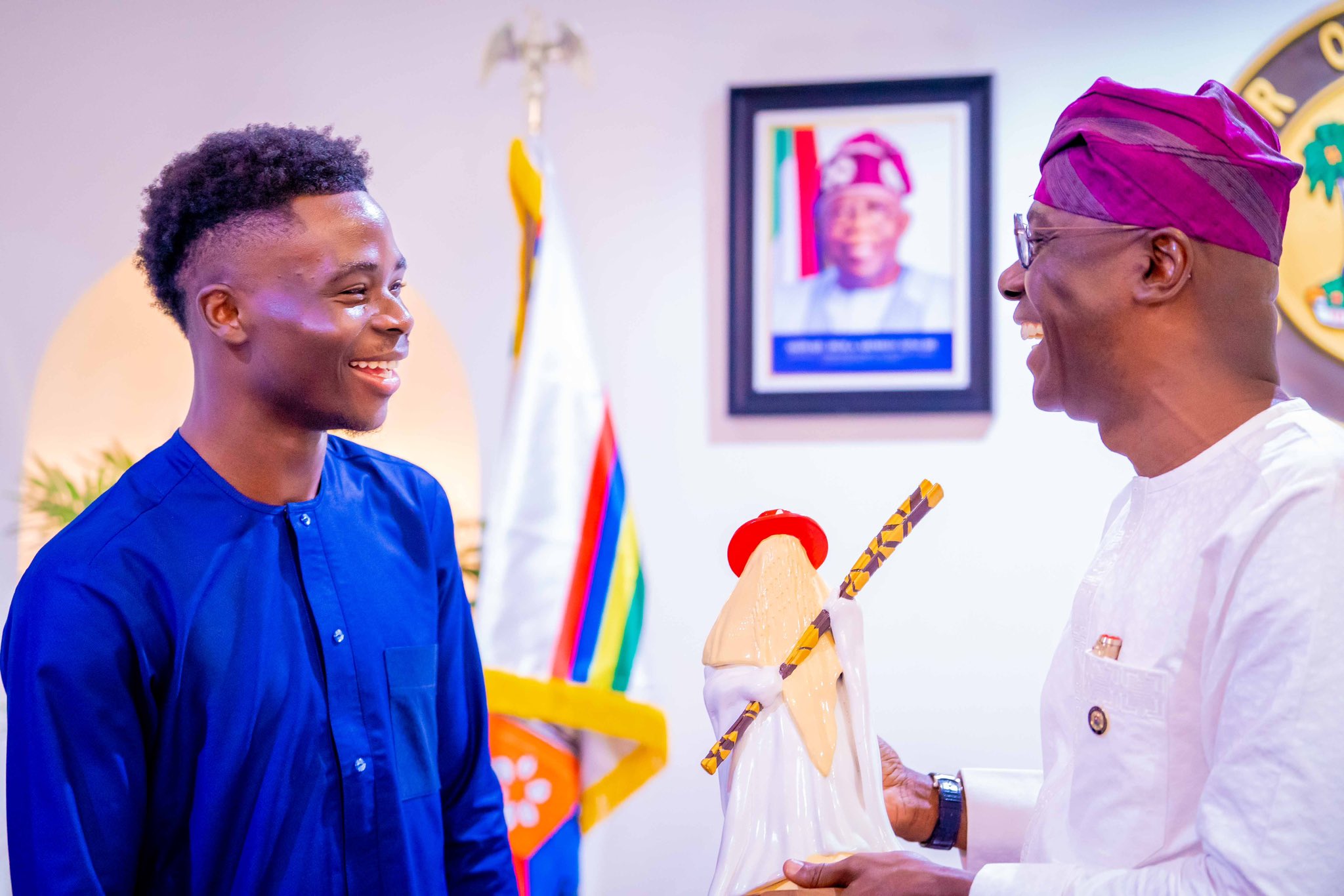 Governor of Lagos State, Babajide Sanwo-Olu, hosts his "favorite Arsenal player", Bukayo Saka at the State House, Marina on Friday 3 June, 2023