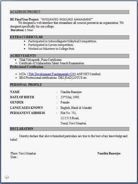 Curriculum Vitae Format For Bca Freshers