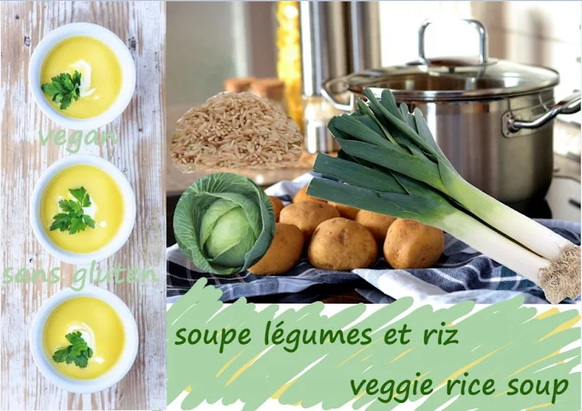 soupe aux pommes de terre, poireaux, riz, chou, vegan, sans gluten