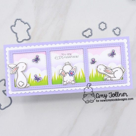 Bitty Bunnies Stamp and Die Set, Clouds Stencil, Hills and Grass Stencil, Slimline Frames and Portholes Die Set, Slimline Frames and Windows Die Set by Newton's Nook Designs #newtonsnookdesigns #newtonsnook #handmade