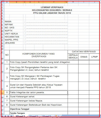 FORMAT LEMBAR CEKLIST PEMBERKASAN PPG 2018 JENJANG PAUD