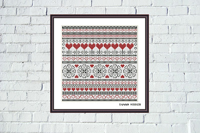 Red heart cross stitch ornament romantic Valentines sampler - Tango Stitch