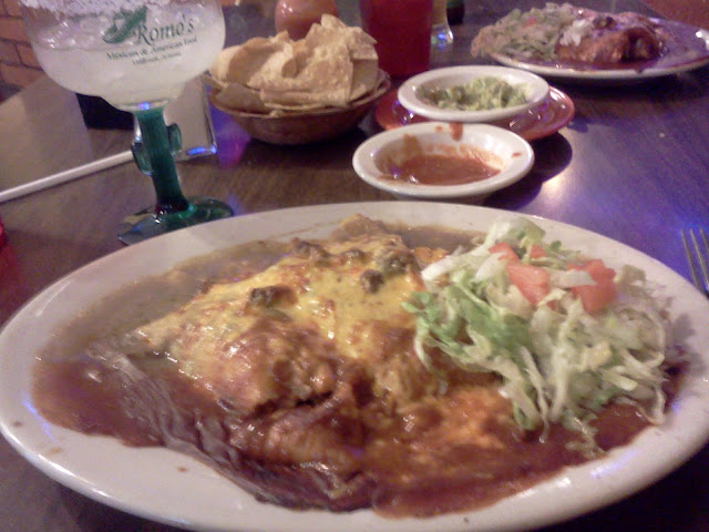 Red chile sauce on a combination plate with margaritas and Sierra Nevada beer at Roma's café, Holbrook, Arizona