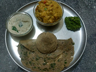 Kodo millet Methi dosa and Idli,  Veg kurma,  Coconut Chutney,  Cilantro Chutney