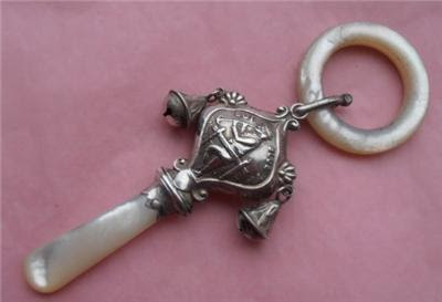 ANTIQUE SILVER & MOTHER OF PEARL BABY RATTLE BOY BLUE HM GLASGOW 1930