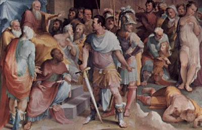 Ahala, maestro del cavallo, presenta il morto Maelius a Cincinnato, affresco del Beccafumi al Palazzo Pubblico di Siena.