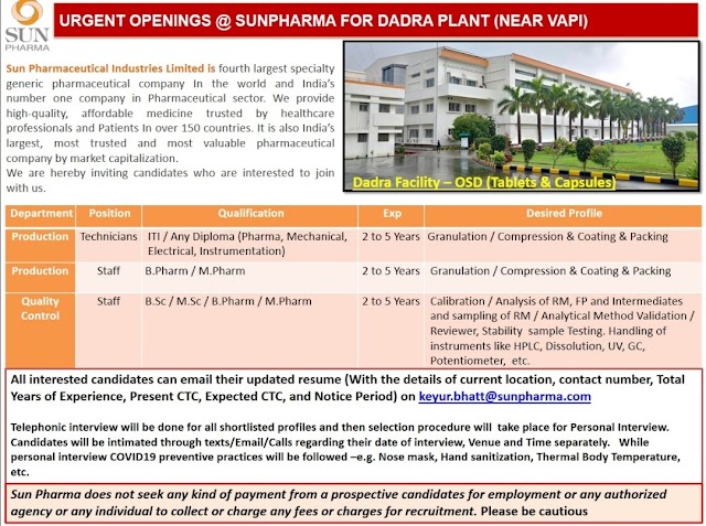Sun Pharma | Urgent openings in Production/QC at Dadra Plant | Send CV