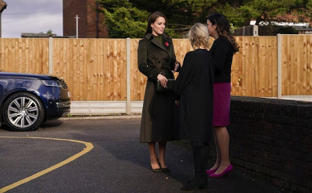 Princess of Wales wore a Lori olive wool cashmere blend belted long coat by Hobbs, and khaki ribbed knitted midi dress by Mango