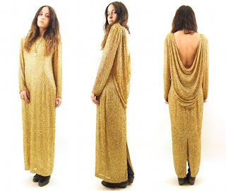 Vintage gold silk fully beaded maxi dress with draped open back.