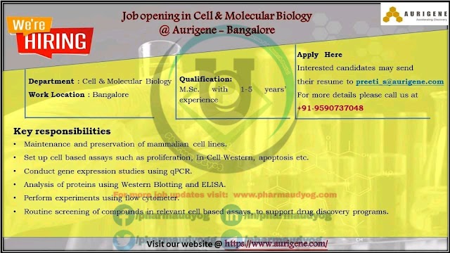 Aurigene | Hiring for Cell & Molecular biology | Send CV | Bangalore