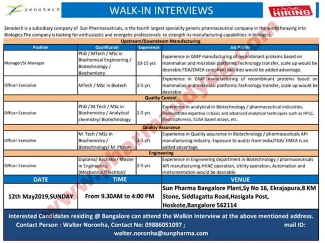 Sun Pharma (Zenotech) | Walk-in interview for Production/QA/QC/Engineering | 12th May 2019 |  Bangalore
