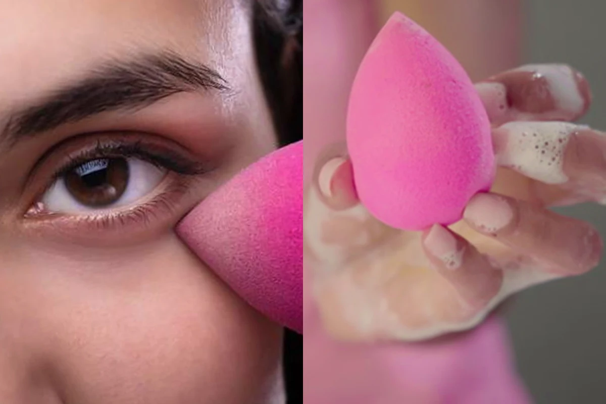 woman showing how to apply makeup with beauty blender and how to wash it