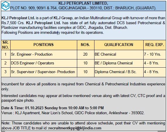 KLJ Petroplast Walk In Interview For BE/ Diploma Chemical/ BSc - DCS/ Production - 40 Vacancy