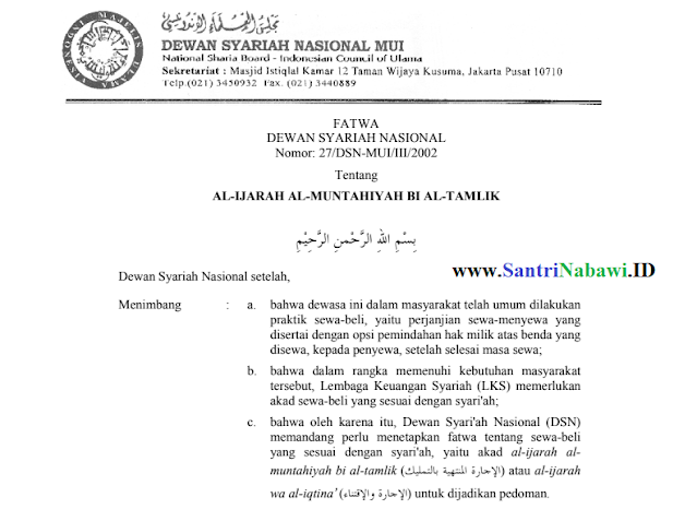 Fatwa DSN MUI No. 27 tentang Al-Ijarah Al-Muntahiyah Bi Al-Tamlik