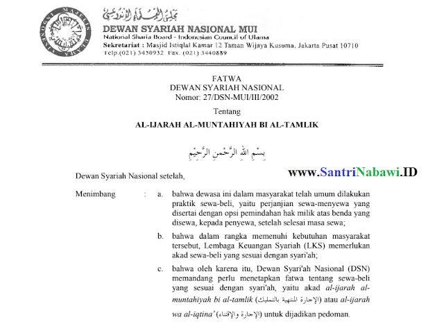 Fatwa DSN MUI No. 27 tentang Al-Ijarah Al-Muntahiyah Bi Al-Tamlik