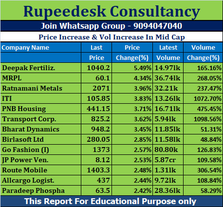 Price Increase & Vol Increase In Mid Cap