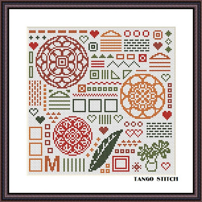 Aztec orange cross stitch cute ornaments sampler - Tango Stitch