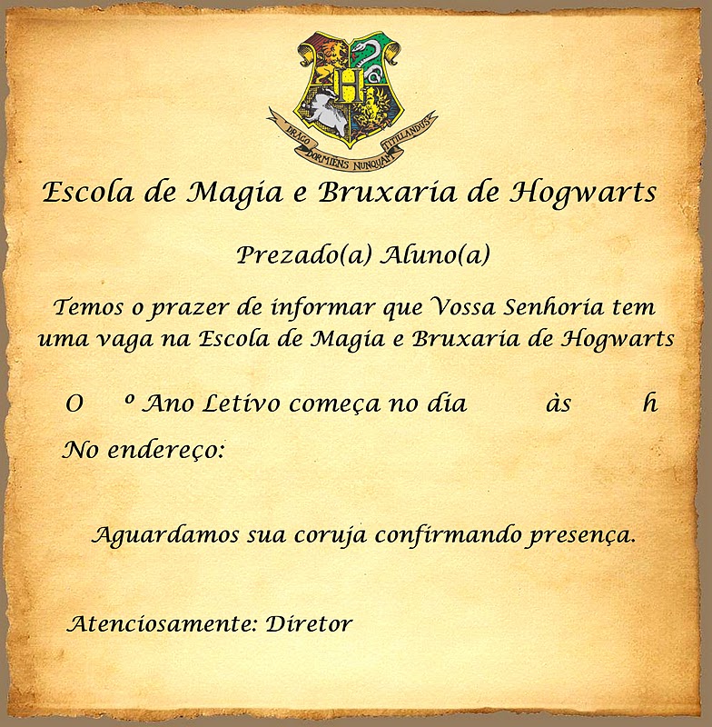 Convite Harry Potter - Carta de Admissão