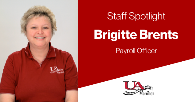 Brigitte Brents, payroll officer, in red polo against gray background. Text reads, "Staff spotlight, Brigitte Brents, Payroll Officer"
