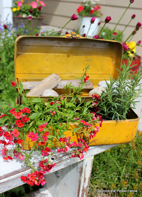 toolbox, flowers, vintage, planter, spring, garden, beyond the picket fence, http://bec4-beyondthepicketfence.blogspot.com/2013/06/planter-parade.html