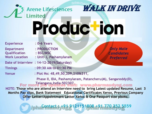 Arene life sciences | Walk-in for Production on 14 Dec 2019 | Pharma Jobs in Hyderabad