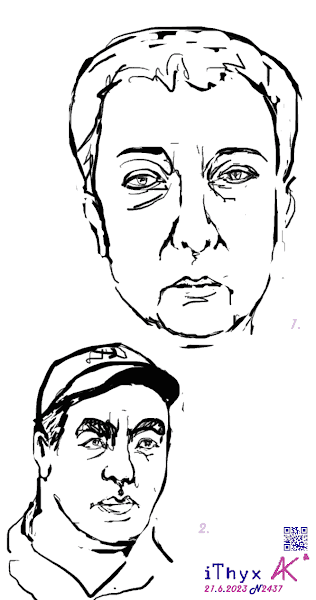 Два наброска: 1. Лицо женщина с короткими седыми волосами; 2. Иностранец из СНГ, мужчина в бейсболке и тенниске.. Автор рисунка: художник #iThyx