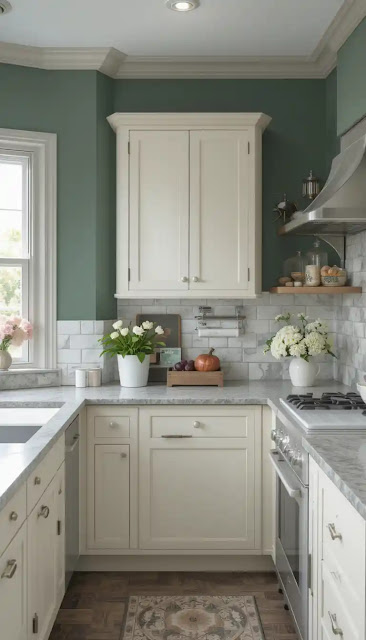 Pewter Green Kitchen Walls with Cream Cabinets: Soft and Serene