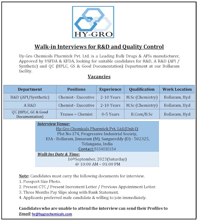 Hy-gro Chemicals | Walk-in interview for Freshers and Experienced on 16th Sep 2023