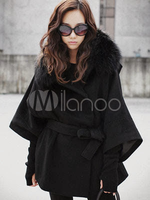 Black Long Sleeves Fox Fur Collar Thin Cashmere Womens Pea Coat