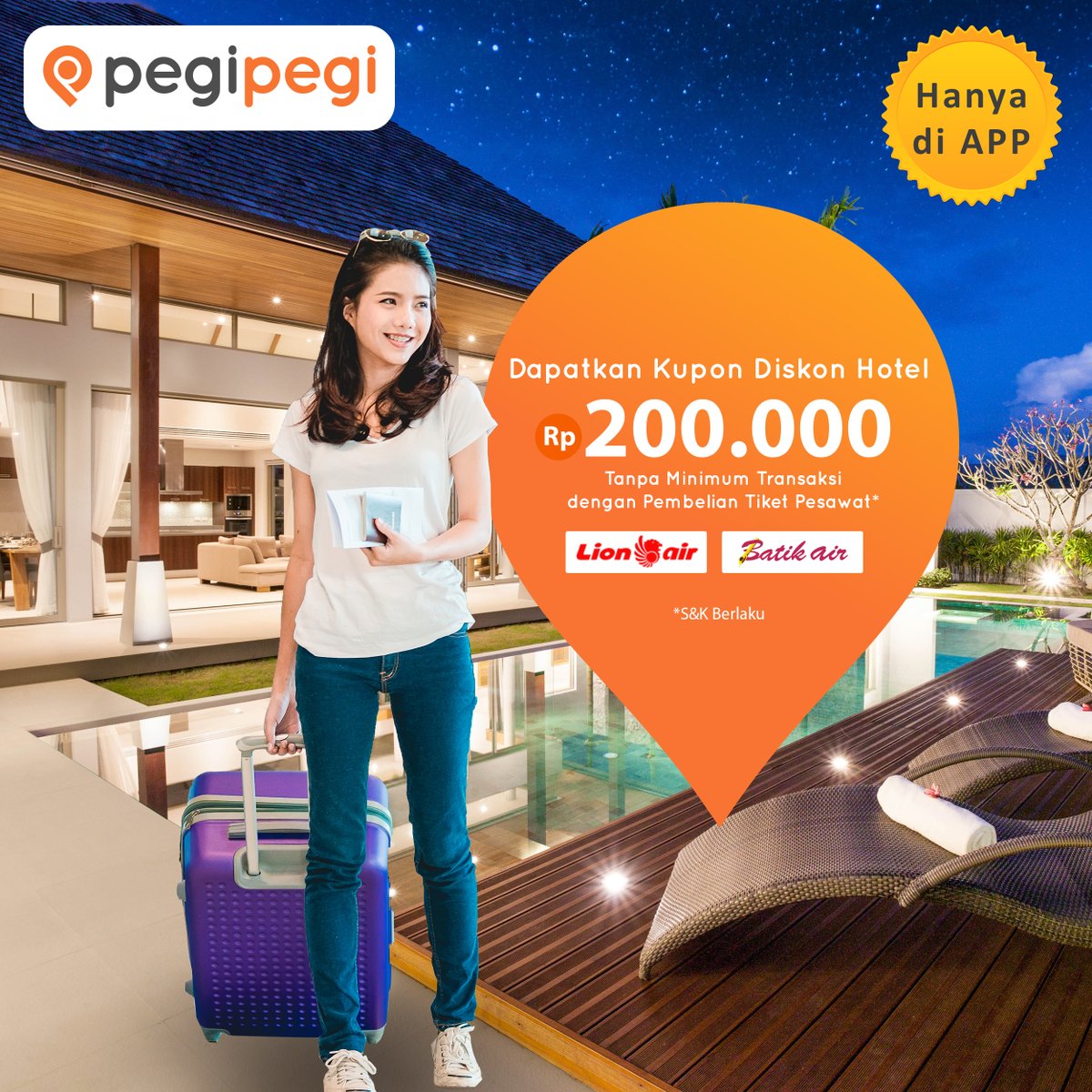 PegiPegi - Promo Beli Tiket Lion Air & Batir Air GRATIS Kupon Voucher Hotel 200 Ribu