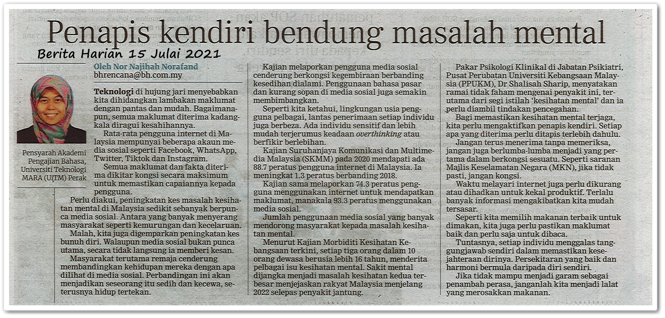 Penapis kendiri bendung masalah mental - Keratan akhbar Berita Harian 15 Julai 2021