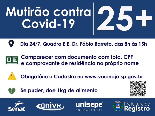 Registro-SP avança na vacinação contra o Covid-19 - Público com 25 anos ou mais