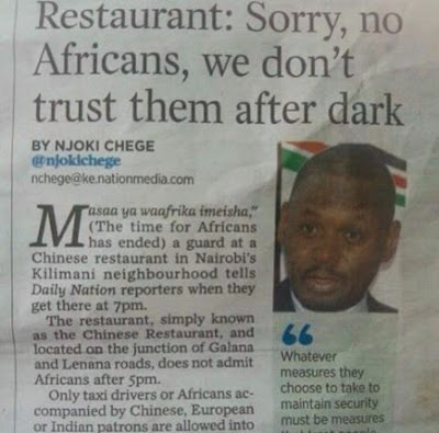  Chinese restaurant in Kenya turns back blacks after 5pm